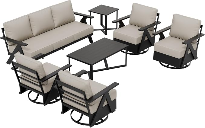 COOS BAY Iron Luxe 7 Piece Outdoor Patio Furniture Set, Modern Patio Conversation Set with 4 Swivel Rocking Chairs, a 3 Seat Couch, Coffee Table & Side Table for Deck, Garden, Porch, Black/Beige