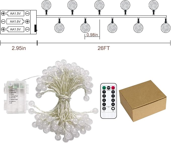 Metaku Cool White Globe String Lights Fairy Light 26ft 60LED & Remote | Battery Operated Indoor Outdoor Hanging String Lights Christmas Lights for Home Party Patio Garden Classroom Wedding
