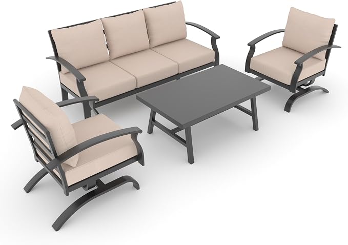 Metal Patio Furniture Set,4 Pieces 5 Seats Patio Sectional Outdoor Furniture Set with Rectangular Coffee Table,Patio Conversation Sets with 5.1" Thickened Cushions,SandSand