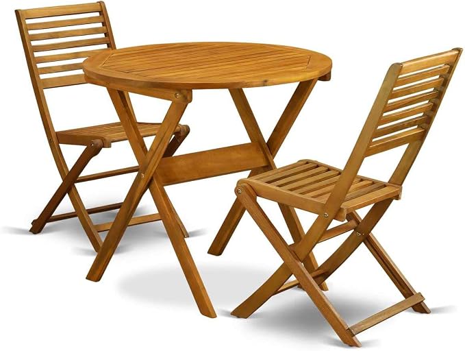 East West Furniture MNBS3CWNA 3 Piece Outdoor Conversation Bistro Set Contains a Round Acacia Wood Coffee Table and 2 Folding Side Chairs, 30x30 Inch, Natural Oil