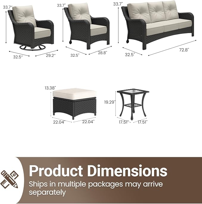 9 Pieces Outdoor Furniture Set with 6-inch Cushions, High Back Wicker Swivel Rocker Chairs with Coffee Table, Luxury Conversation Set for Deck Patio and Poolside