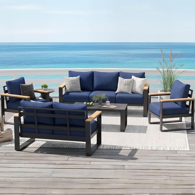Sundale Outdoor Aluminum Patio Furniture Set, 5 Piece Outdoor Conversation Sets with Coffee Table and 6" Thick Olefin Cushions, All Weather Outdoor Sectional Set for Deck, Lawn, Yard (Navy Blue)
