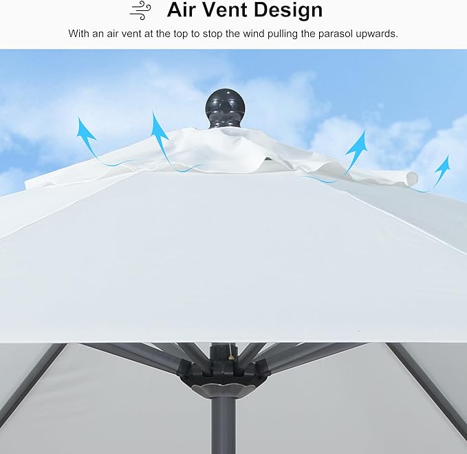 PURPLE LEAF 9' Round Patio Umbrella Outdoor Table Umbrella Aluminum Frame Market Umbrella Sun Umbrella with 8 Sturdy Ribs Tilt for Garden Deck Lawn Pool White