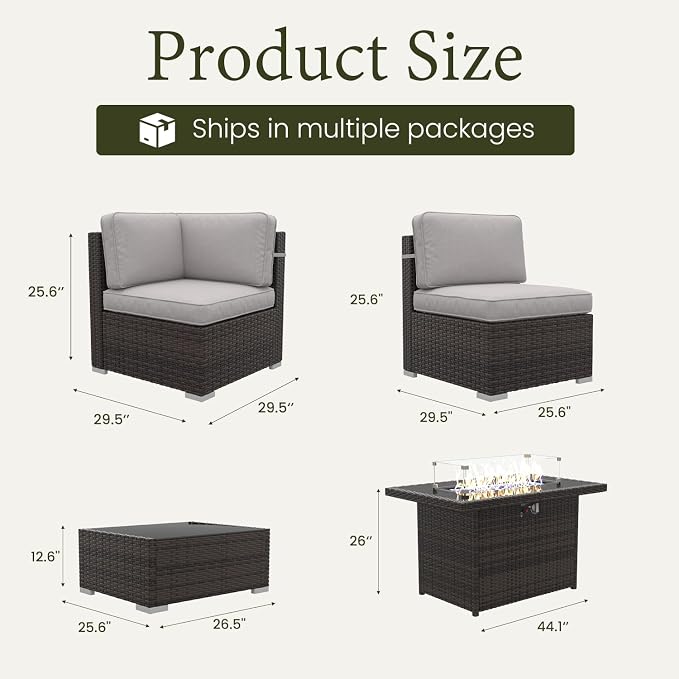 LayinSun 8 Pieces Outdoor Patio Furniture Set with 44" Fire Pit Table Brown Rattan Sectional Sofa Conversation Sets