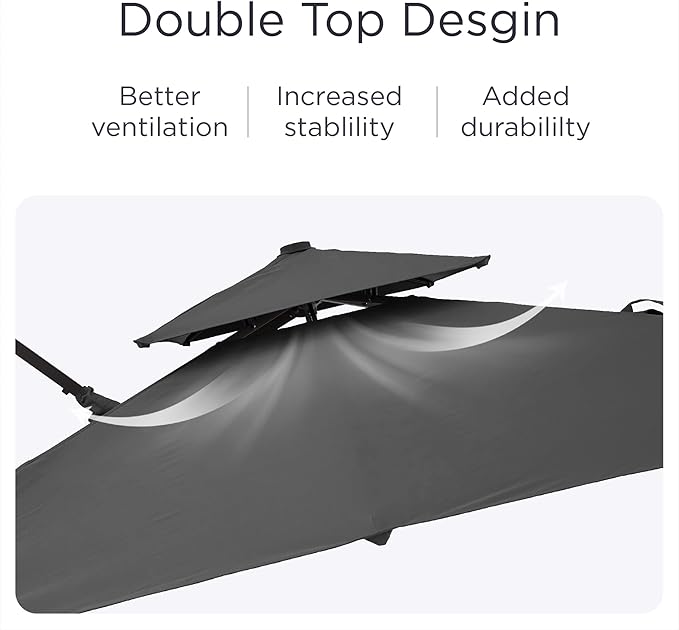Deconk 9' X 12' Patio Umbrella with Weighted Base and LED Lights Outdoor Cantilever Large Rectangle Offset Umbrellas Heavy Duty Aluminum Double Top with 360-degree Rotation for Pool Garden Deck, Grey