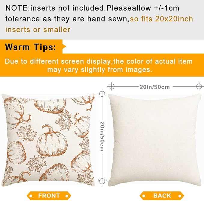 RABUSOFA Fall Pillow Covers 20x20 Inch Set of 2 Thanksgiving Autumn Outdoor Waterproof Pumpkin Maple Leaf Harvest Throw Cushion Cases Seasonal Fall Farmhouse Decorations for Home Couch Patio