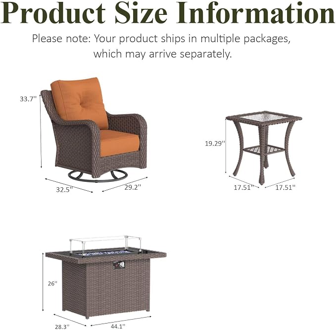 LayinSun 7 Piece Wicker Outdoor Furniture Set with 6-inch Comfy Cushions, High Back Patio Furniture Set with Swivel Rocking Chairs and Fire Pit Table