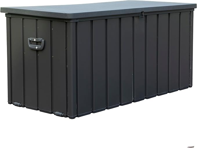 NEWQIDA 100 Gallon Outdoor Deck Box Lockable Metal Storage Container with Resin Lid, Waterproof Storage Box with Rolling Castors for Patio Garden Tools, Pools Equipment, Cushions, Dark Gray