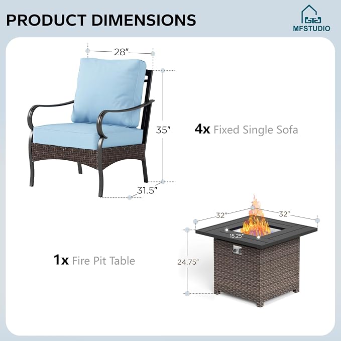 MFSTUDIO 5 Pieces Outdoor Patio Furniture Set, Metal Outdoor Conversation Sofa, Rattan Wicker Patio Sectional Sofa Set with 4 x Fixed Single Sofa, 1 x Fire Pit Table, Blue