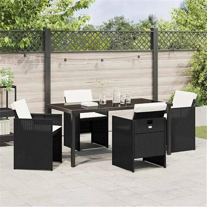 Afuera Living 5 Piece Poly Rattan Patio Dining Set, Black, UV-Resistant Outdoor Cushions, Tempered Glass Tabletop, Powder-Coated Steel Frame, Foldable Chairs for Garden, Patio, or Outdoor Dining