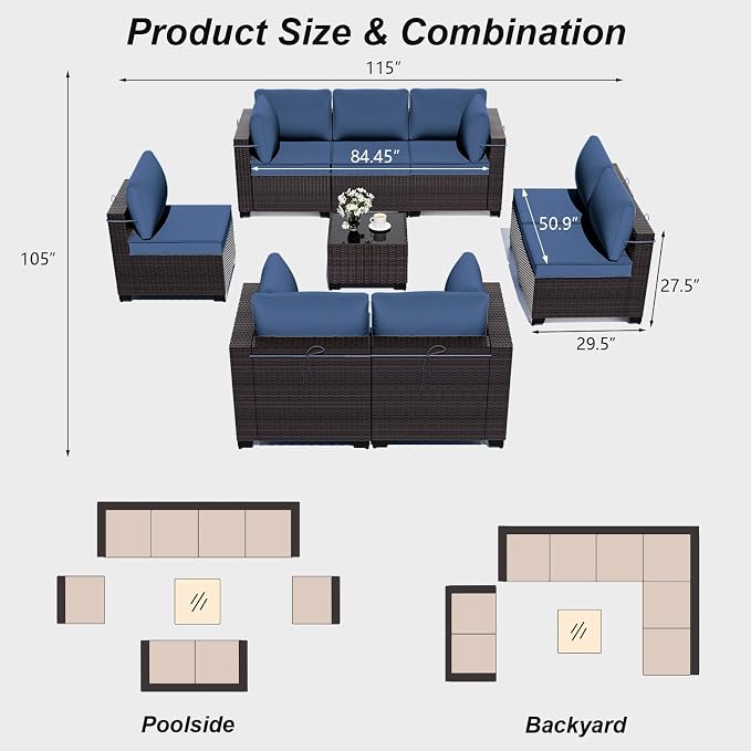 ALAULM Patio Furniture Set with Coffee Table, 9 Pieces Outdoor Sectional with Wide Seat and Thick Cushion, All Weather Wicker Rattan Conversation Set for Backyard, Garden, Deck, NavyBlue