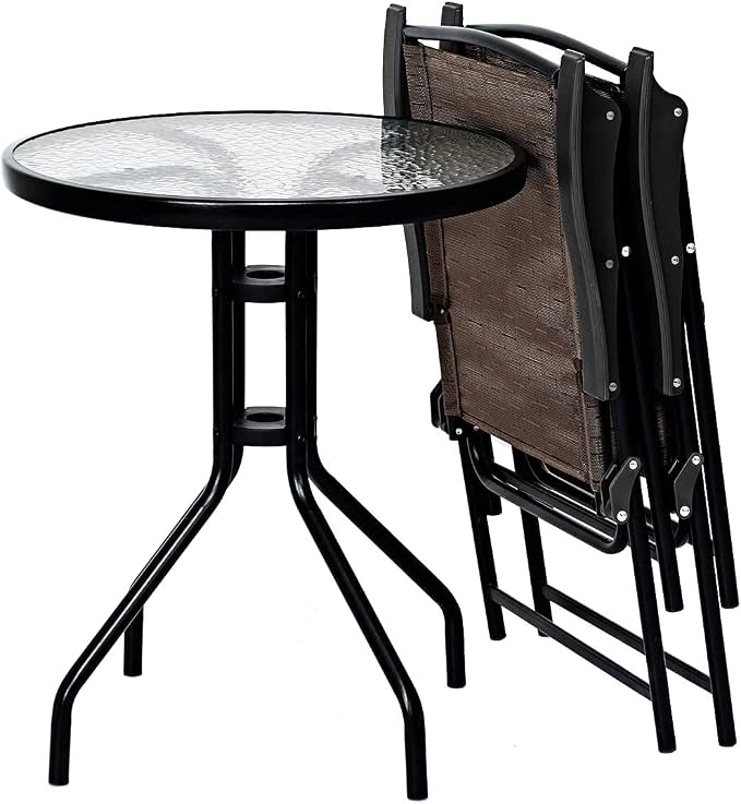 SPSUPE 3 PCS Outdoor Patio Set, Dining Furniture Set with Round Table, 2 Folding Chairs, Glass Tabletop, Ideal for Garden Pool Backyard Versatile Bistro Set