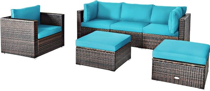 Tangkula 6 Pieces Wicker Patio Furniture Set, PE Rattan Outdoor Sectional Conversation Set with Glass Coffee Table & Ottoman, Wicker Sofa Set with Cushions for Yard Garden, Deck, Porch (Turquoise)
