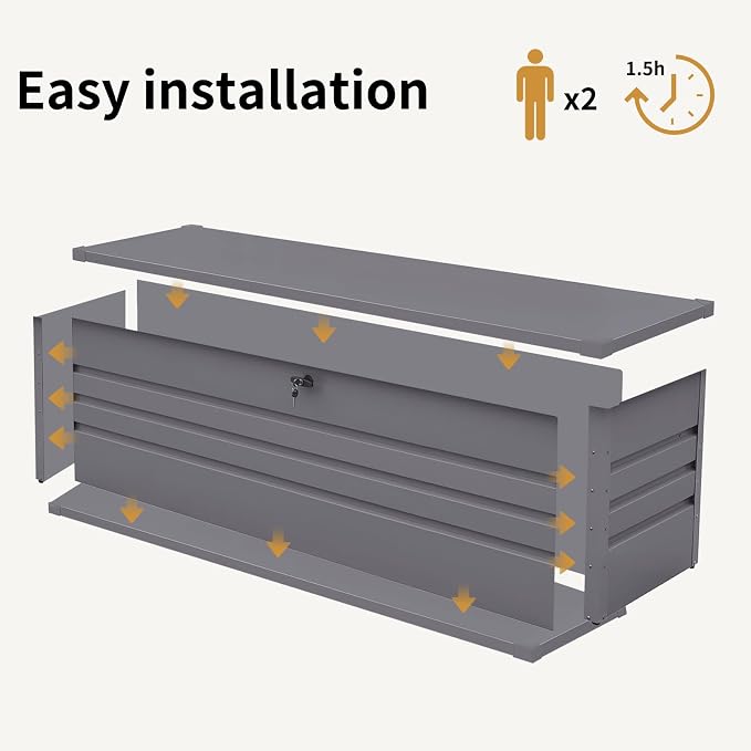 260 Gallon Metal Deck Box, Lockable Patio Waterproof Outside Storage Box, Extra Large Outdoor Storage Box for Furniture, Garden Tools and Pool Supplies Storage,Gray