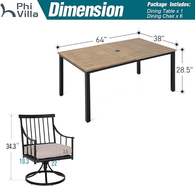 PHI VILLA 7 Piece, Outdoor Dining Set, 65"x39" Table, Umbrella Hole | Metal, Swivel Chairs, Cushions, Weather-Resistant, Rust-Resistant, 300 lbs Capacity