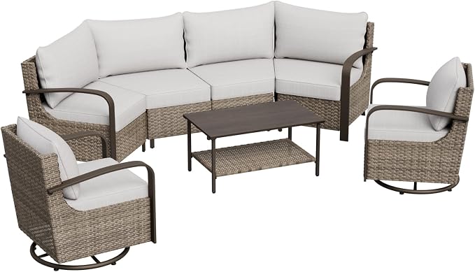 COOS BAY Aurora Terrace 6 Piece Outdoor Sectional Furniture Set, Half Moon Rattan Wicker Conversation Set with Swivel Chairs, 4 Seat Sofa & Coffee Table for Patio Garden Yard, Beige/Beige