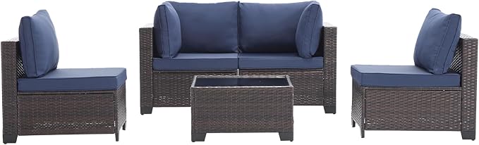 CANMOV 5 Pieces Patio Furniture Sets, All Weather Outdoor Patio Conversation Set, Wicker Rattan Sectional Sofa Couch Glass Coffee Table and Washable Cushions for Backyard Garden, Porch, Navy Blue