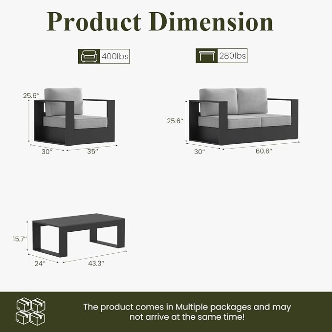 LayinSun Oversized Aluminum Outdoor Furniture Set, 4 Piece Patio Sofa Sets with Coffee Table, Deep Seating and Upgraded 6-inch Cushions for Porch, Balcony, Deck