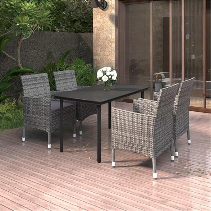 BOWERY HILL 5-Piece Patio Dining Set, Rectangular Glass Table and 4 PE Rattan Chairs, Gray/Dark Gray/Black, UV-Resistant Powder-Coated Steel Frame, Outdoor Garden or Terrace Dining for 4