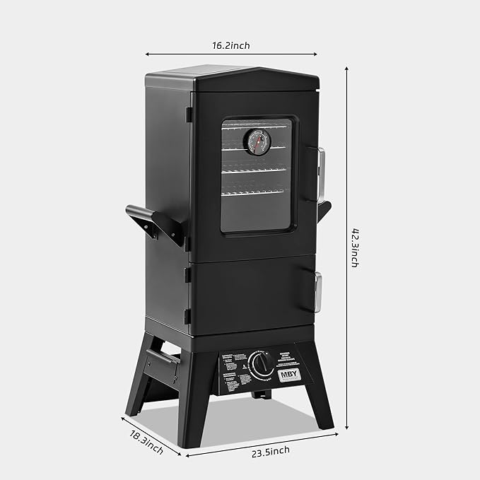 Propane Smoker with Cover, Vertical Smoker Grill with Temperature Control Outdoor Heavy Duty Three Removable Smoking Shelves, Metal Black