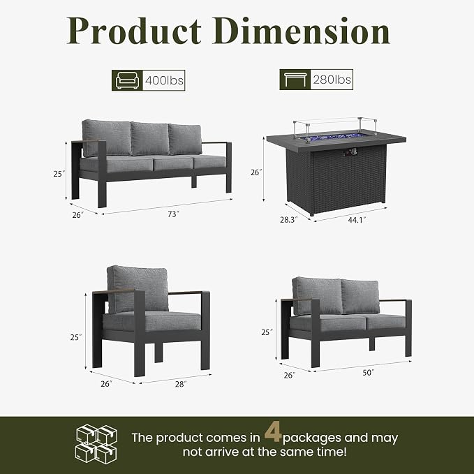 LayinSun 5 Piece Aluminum Outdoor Furniture Set with Fire Pit Table, Outside Patio Deep Seating Conversation Set with Upgraded Washable Thick Cushion