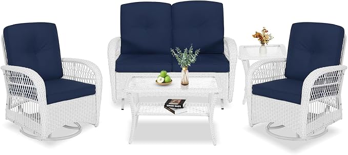 VIVIJASON 5-Piece Patio Wicker Conversation Set, All Weather Outdoor Rattan Furniture Set Includes Glider Loveseat, 2 Coffee Table, 2 Swivel-Gliders Chairs with Cushions, White/Navy Blue