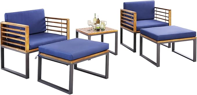 Tangkula 5 Pieces Acacia Wood Patio Furniture Set with Ottomans, Outdoor Conversation Set with Soft Cushions and Coffee Table for Poolside, Garden, Balcony and Backyard, Navy