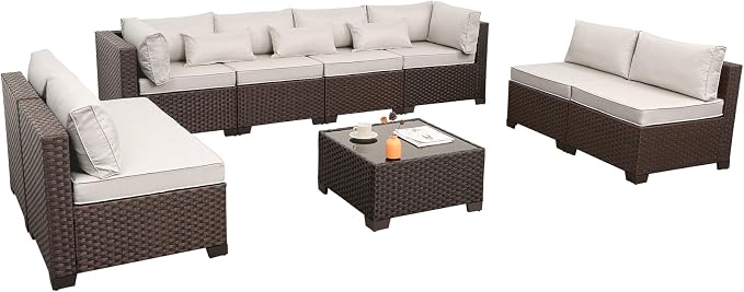 Rattaner 9 Pieces Outdoor Sectional All-Weather HDPE Brown Wicker Patio Furniture Set Patio Sectional Glass Patio Table Non-Slip Cushions and Waterproof Covers, Beige