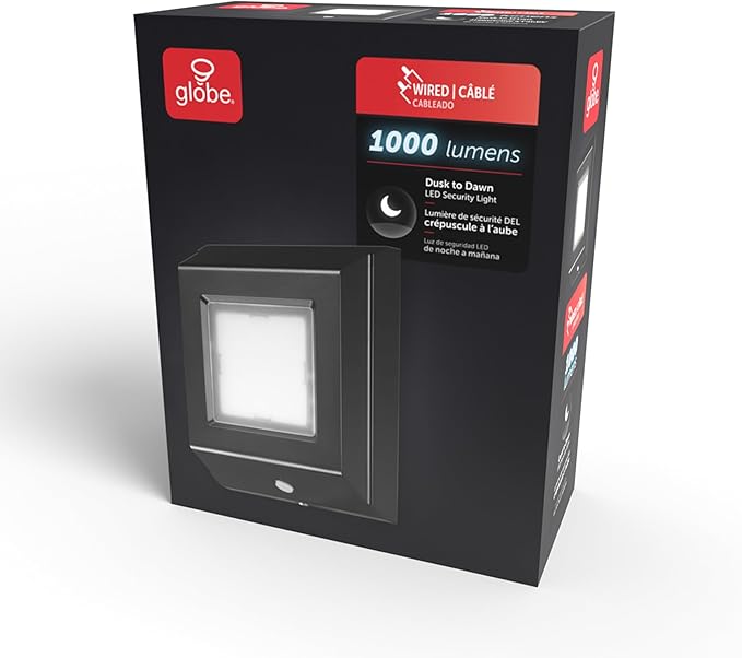 GLOBE Electric 10W Slim Black 1000 Lumens Hardwired Automatic Dusk to Dawn Outdoor Integrated LED Flood Light Security Light, Spotlight, Outside House Lights