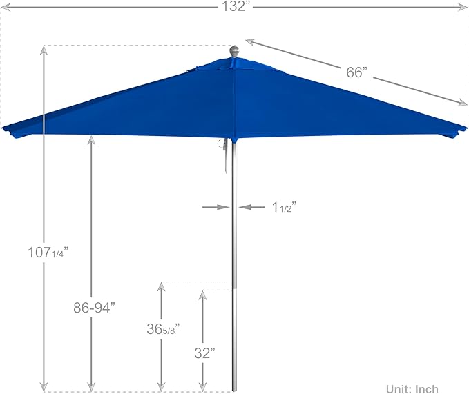 California Umbrella 11Ft Commercial Grade Market Umbrella, Pulley Lift, Aluminum/Fiberglass, 2mm pole wall, Silver Frame, Solution Dyed Royal Blue Fabric