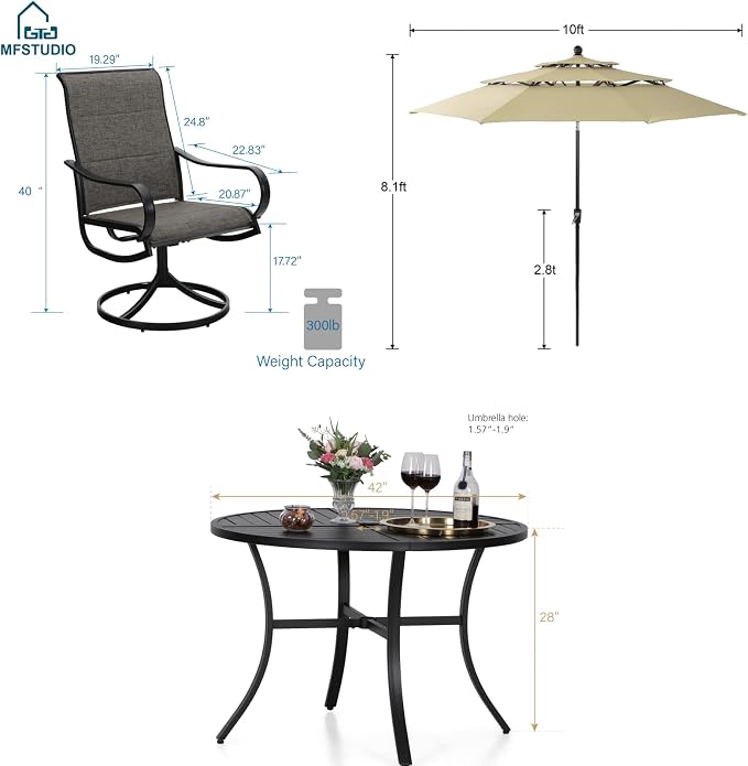 MFSTUDIO Patio Dining Set for 4, Outdoor Furniture Set with Beige Umbrella (Base not Included), 42" Round Table and 4 Swivel Chairs for Patio, Deck, Backyard, Garden