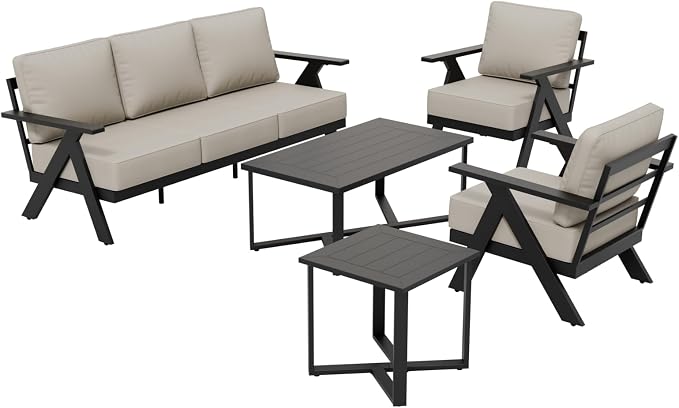 COOS BAY Iron Luxe 5 Piece Outdoor Patio Furniture Set, Modern Patio Conversation Set with 2 Patio Chairs, a 3 Seat Couch, Coffee Table & Side Table for Deck, Garden, Porch, Black/Beige
