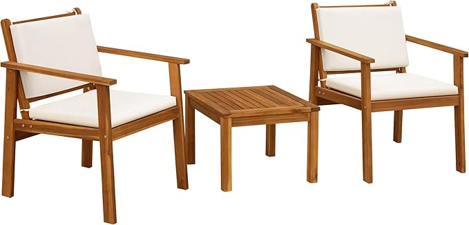 Flamaker Patio Chairs 3 Piece Acacia Wood Patio Furniture with Coffee Table & Cushions Outdoor Conversation Set Balcony Chairs for Porch, Deck, Backyard