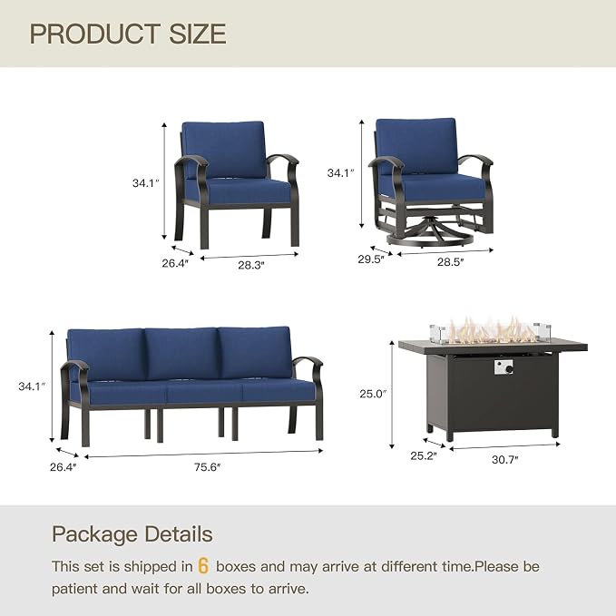 Aluminum Patio Furniture Set with 55,000 BTU Propane Fire Pit Table,10 Seats Metal Modern Outdoor Furniture w/5.1" Cushions,Patio Sectional w/Swivel Chairs for Patio,Backyard,NavyBlue