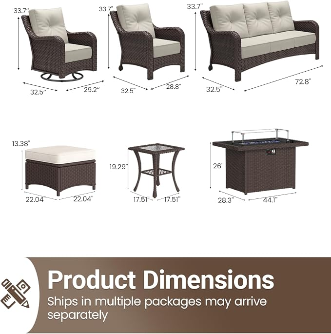 10 Pieces Outdoor Furniture Set with 6-inch Cushions, High Back Wicker Swivel Rocker Chairs with Fire Pit Table, Luxury Conversation Set for Deck Patio and Poolside