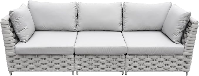 Khaki Gray 3-Seat Modular Outdoor Sofa Set with Round Coffee Table, All Weather Woven Rope Patio Sectional Couch with Cushions for Backyard Balcony Deck