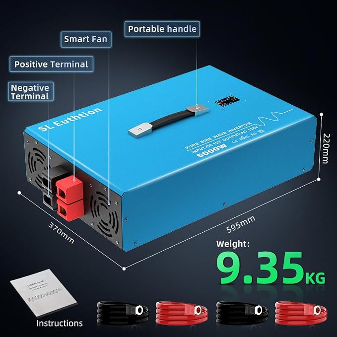 5000W Pure Sine Wave Power Inverter Voice Control AI Voice Assistant Support English 24V to 120V 60HZ with LCD Display, USB Port, for Car Home Laptop Truck