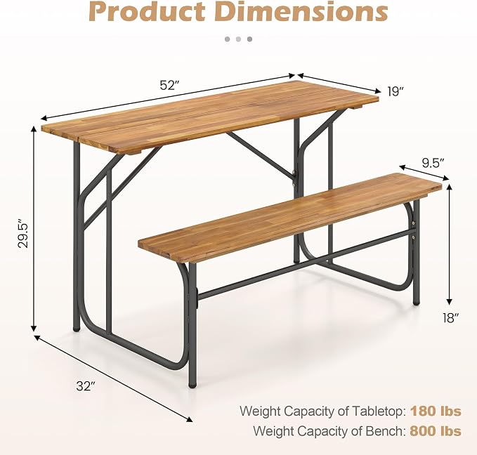 Tangkula Patio Dining Bench Set for 2, Heavy-Duty Outdoor Acacia Wood Dining Furniture with Metal Legs for Balcony, Backyard, Poolside, Garden (1,52” x 32” x 29.5”)
