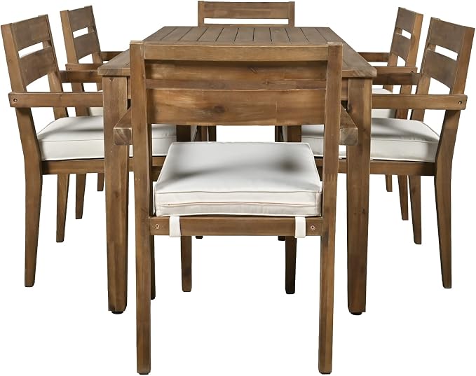 7-Piece Patio Dining Set,Acacia Wood Outdoor Dining Table and 6 Cushioned Chairs, Modern Conversation Furniture for Courtyard,Garden, Balcony,Deck,Poolside (Burly Wood/Acacia2, 7-Piece)