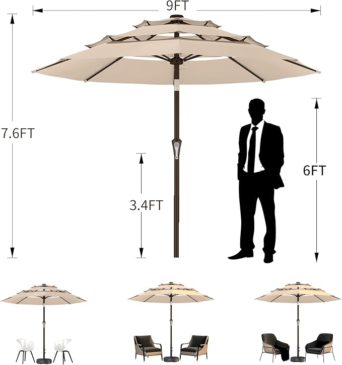 9FT 3-Tier Large Outdoor Patio Umbrella Market Table Umbrella-UV Resistant,Easy Push Button Tilt and Crank,8 Sturdy Fiberglass Ribs Heavy-Duty Pool Umbrella for Deck,Backyard,Garden,Yard,Light Blue