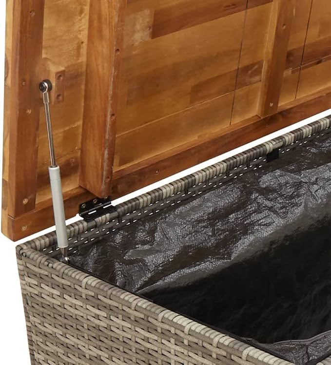Patio Storage Box with Acacia Wood top, Outdoor Storage Container, Garden Storage Box Deck Box, Gray 43.3"x21.7"x24.8" Poly Rattan Acacia Wood,-306