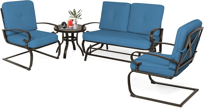 Incbruce Patio Conversation Sets - Outdoor Metal Furniture Set (Peacock Blue, Wrought Iron, 4Pcs Including Glider, Bistro Table, 2 Spring Lounge Chairs)