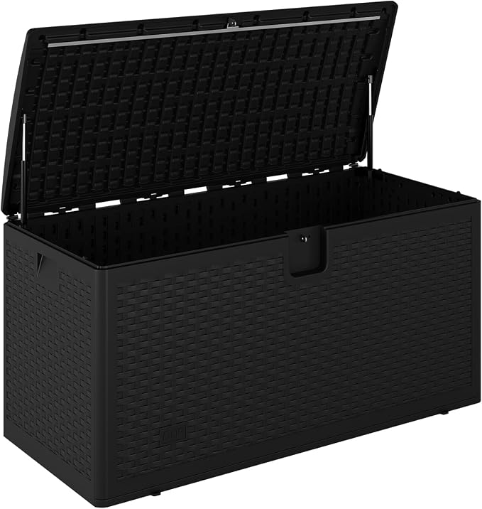 Takywep 99 gal Resin Deck Box, Waterproof Outdoor Storage Box with Lockable Lid, Patio Storage Bin for Cushions, Garden Tools, Pool Accessories, Indoor Outdoor Plastic Chest, Black