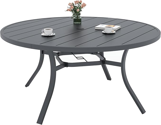 Outdoor Patio 58" Round Table and Aluminum Resin Chairs Dining Set of 7 | Aluminum Frame Chairs, Resin Chair Seat, Resin Chair Back, 6 Piece Stackable Chairs, 1 Piece Black Metal Table, 6 Person Set