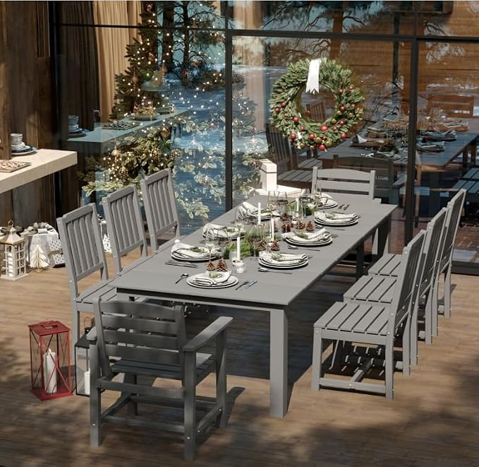 9-Piece HDPE Patio Dining Set for 8, 75.2" Table,Gray | HDPE material, umbrella hole design, weather-resistant patio furniture, perfect for yard, lawn, garden, balcony, deck
