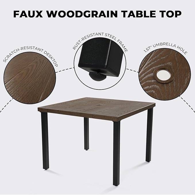 Grand patio 5-Piece Outdoor Dining Set for 4, Patio Dining Set with Swivel Patio Chairs & 1 Square Woodgrain Dining Table with Umbrella Hole, Black & Grey Plaid