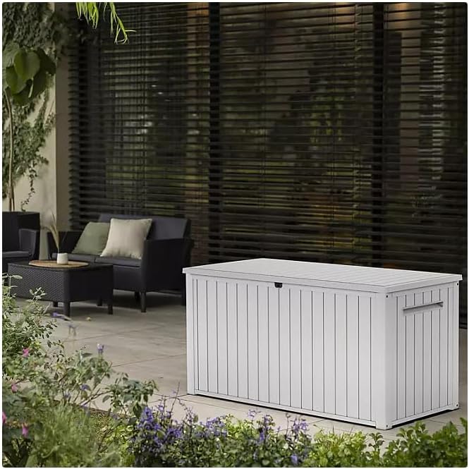 Stylish Indoor/Outdoor Storage Deck Box,Resin,Large Capacity, Weather-Resistant, Lockable lid and Side handles. (White, 170 Gallon)