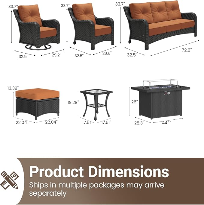 10 Pieces Outdoor Furniture Set with 6-inch Cushions, High Back Wicker Swivel Rocker Chairs with Fire Pit Table, Luxury Conversation Set for Deck Patio and Poolside