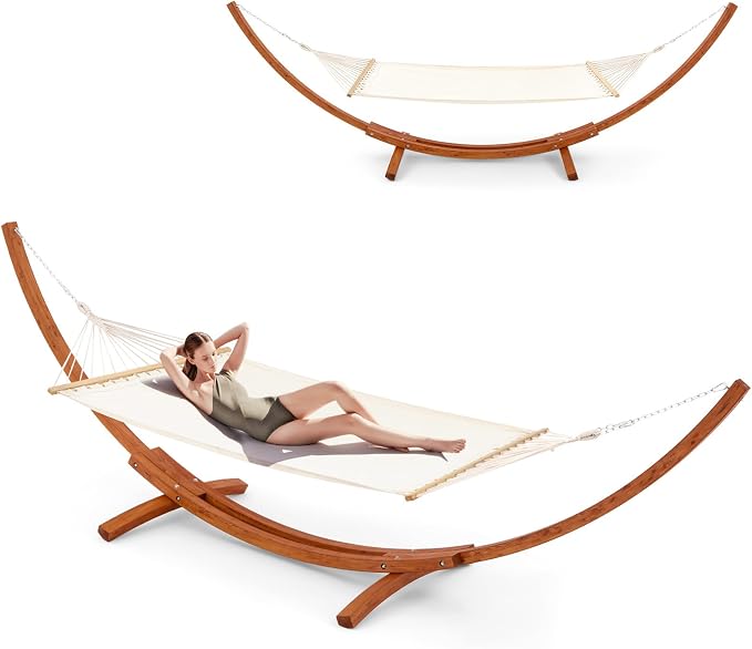 ECOTOUGE 12 FT Wooden Hammock with Stand, Outdoor Hammock with Wood Stand for Single Person Heavy Duty Hammock and Stand for Outside Backyard, Balcony, Porch, Patio, Garden, 330 lbs Capacity, White