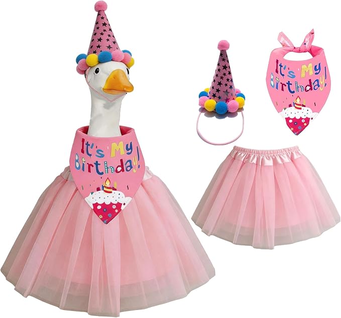 Birthday Porch Goose Outfits - 3Pcs Goose Outfits with Hat, Happy Birthday Bandana and Pink Tutu Skirt for 23 Inch Goose, Birth Party Goose Outfits Porch Goose Decor for Outdoor Garden Yard Patio